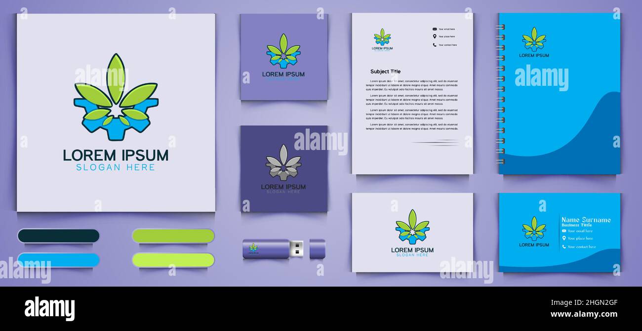 Logo e modello di branding aziendale di foglie di cannabis e di ingranaggio Design ispirazione isolato su sfondo bianco Illustrazione Vettoriale