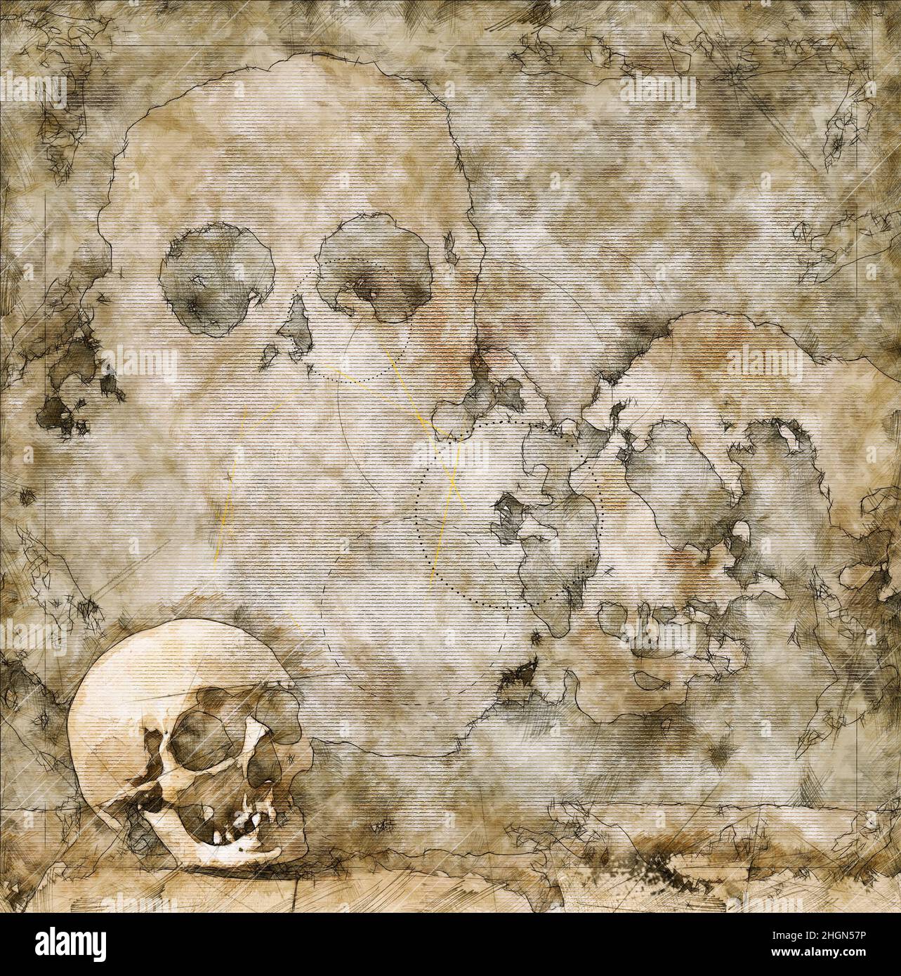 Illustrazione schizzo di un cranio umano vecchio, incrinato e danneggiato contro la mappa del tesoro Foto Stock