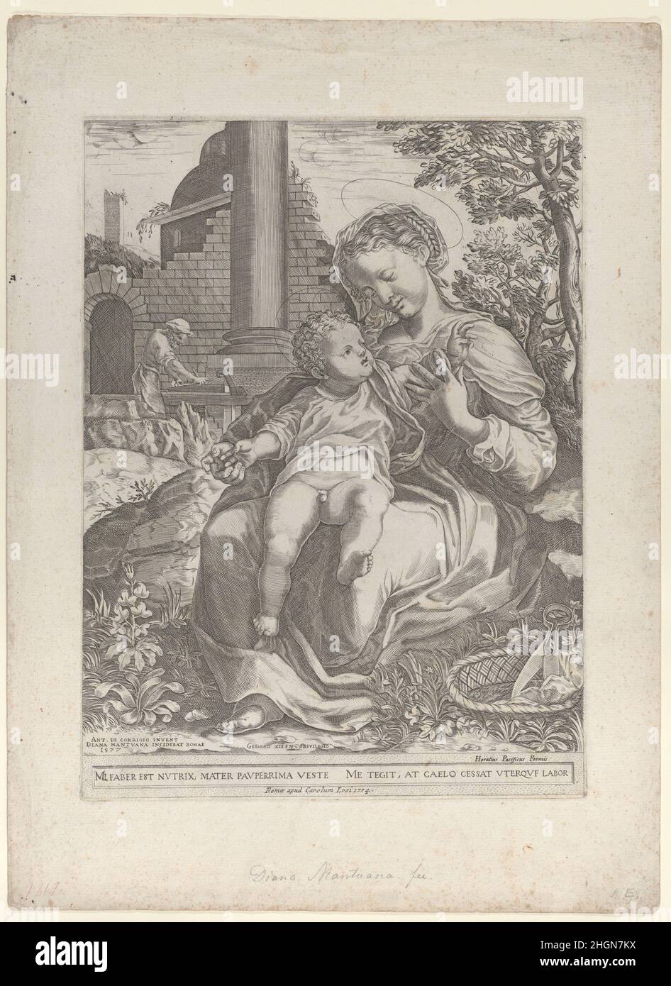 La Sacra Famiglia in Egitto, con Giuseppe come falegname sullo sfondo a sinistra [1577], ripublished 1774 Diana scultori. La Sacra Famiglia in Egitto, con Giuseppe come falegname sullo sfondo a sinistra. Diana scultori (italiano, Mantova ca. 1535?–dopo 1588 Roma). [1577], ripubblicato il 1774. Incisione. Carlo Losi (italiano, 1757 – dopo il 1805). Stampa Foto Stock