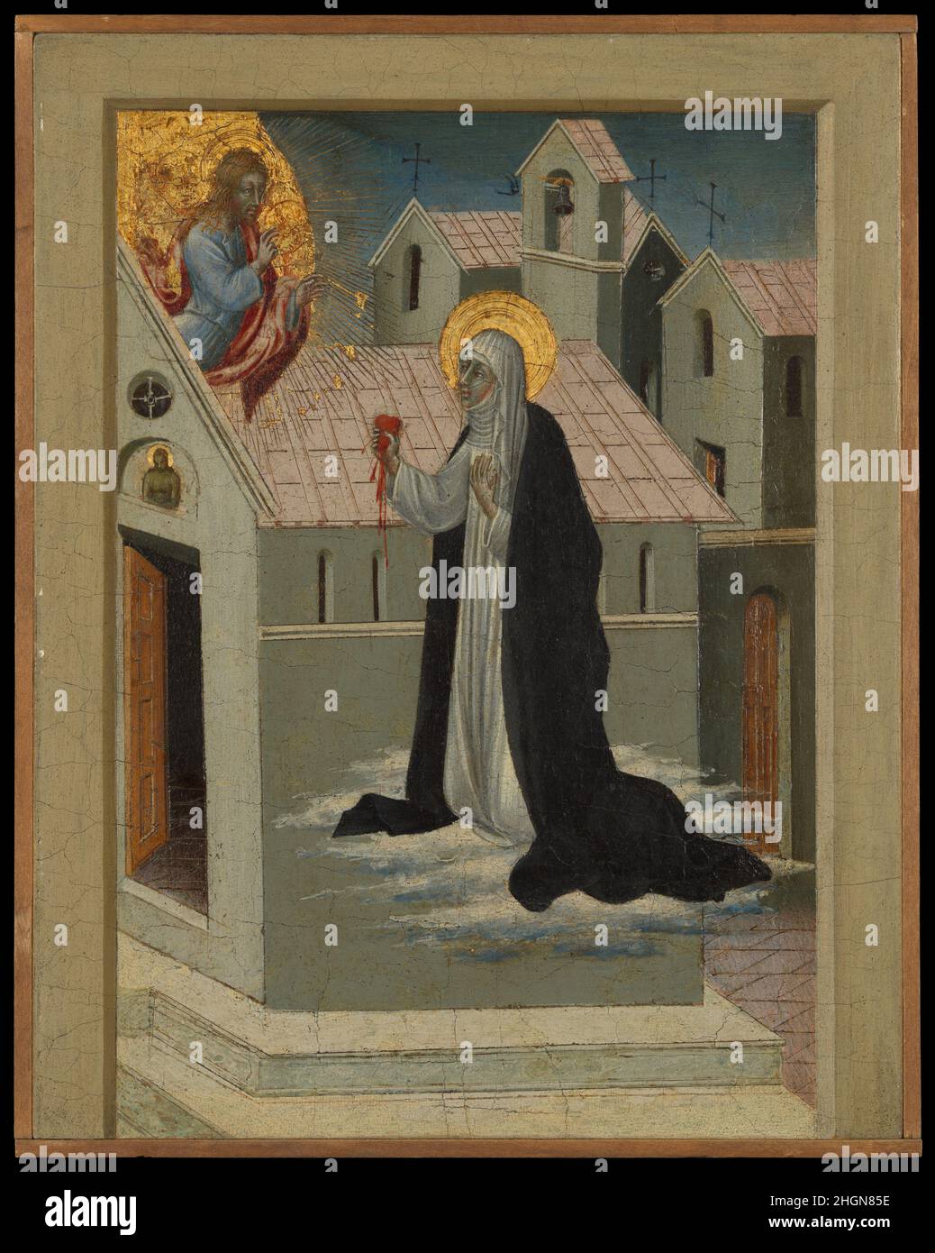 Santa Caterina da Siena scambiando il suo cuore con Cristo Giovanni di Paolo (Giovanni di Paolo di Grazia) Italiano questi tre pannelli appartengono ad una serie dalla base (predella) di una grande pala d'altare e costituivano il primo esteso ciclo narrativo di Caterina da Siena, Un mistico senese così come ministro dei poveri e colpiti dalla peste. Furono commissionate dopo la canonizzazione nel 1461 e si basano sulla biografia scritta dal suo confessore, Raimondo di Capua. Tra le caratteristiche più notevoli è il modo in cui lo spazio è manipolato per migliorare il carattere mistico del loro soggetto. Altri due s. Foto Stock