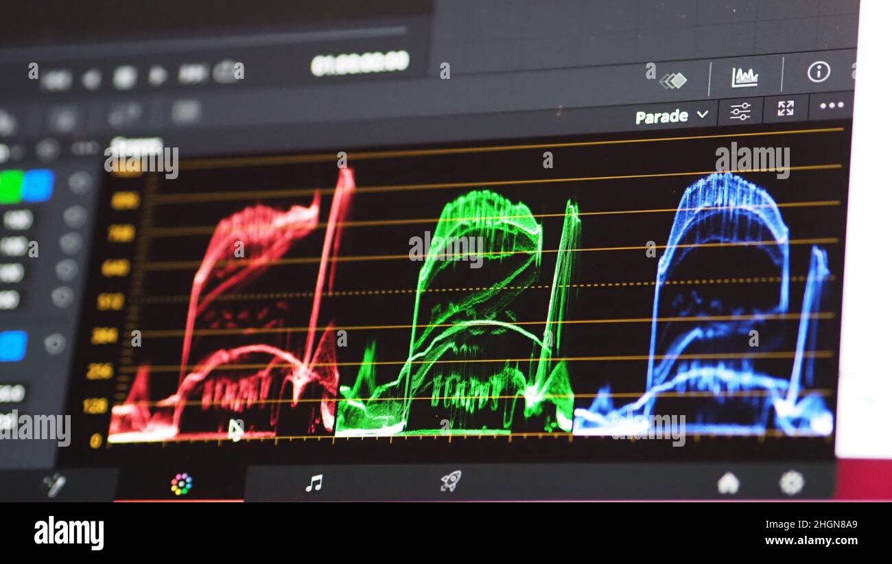 Grafico di classificazione del colore o indicatore di correzione del colore RGB sul monitor durante il processo di post-produzione. Fase di telecine nell'elaborazione della produzione di video o film. f Foto Stock