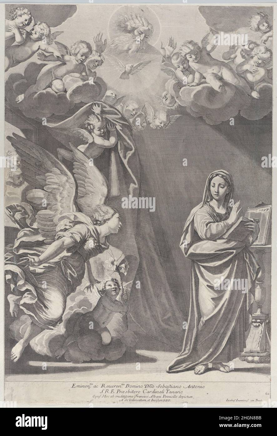 L'Annunciazione, con Gabriele e gli altri angeli a sinistra e Dio Padre al di sopra del 1687–1717 Giacomo-Maria Giovannini. L'Annunciazione, con Gabriele e altri angeli a sinistra e Dio Padre in alto. Giacomo-Maria Giovannini (Bologna 1667–1717 Parma). 1687–1717. Incisione. Stampa Foto Stock