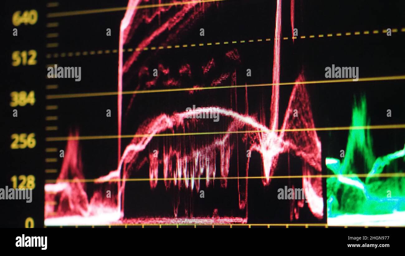 Grafico di classificazione del colore o indicatore di correzione del colore RGB sul monitor durante il processo di post-produzione. Fase di telecine nell'elaborazione della produzione di video o film. f Foto Stock