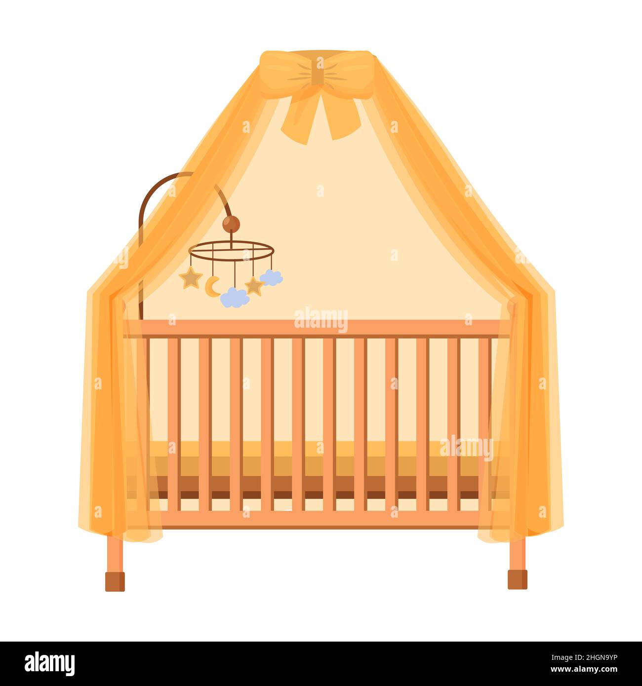 Lettino per bambini, culla in colori mobili per bambini camera da letto isolato su sfondo bianco in stile piatto con appeso vettore mobile illustrazione. Illustrazione Vettoriale