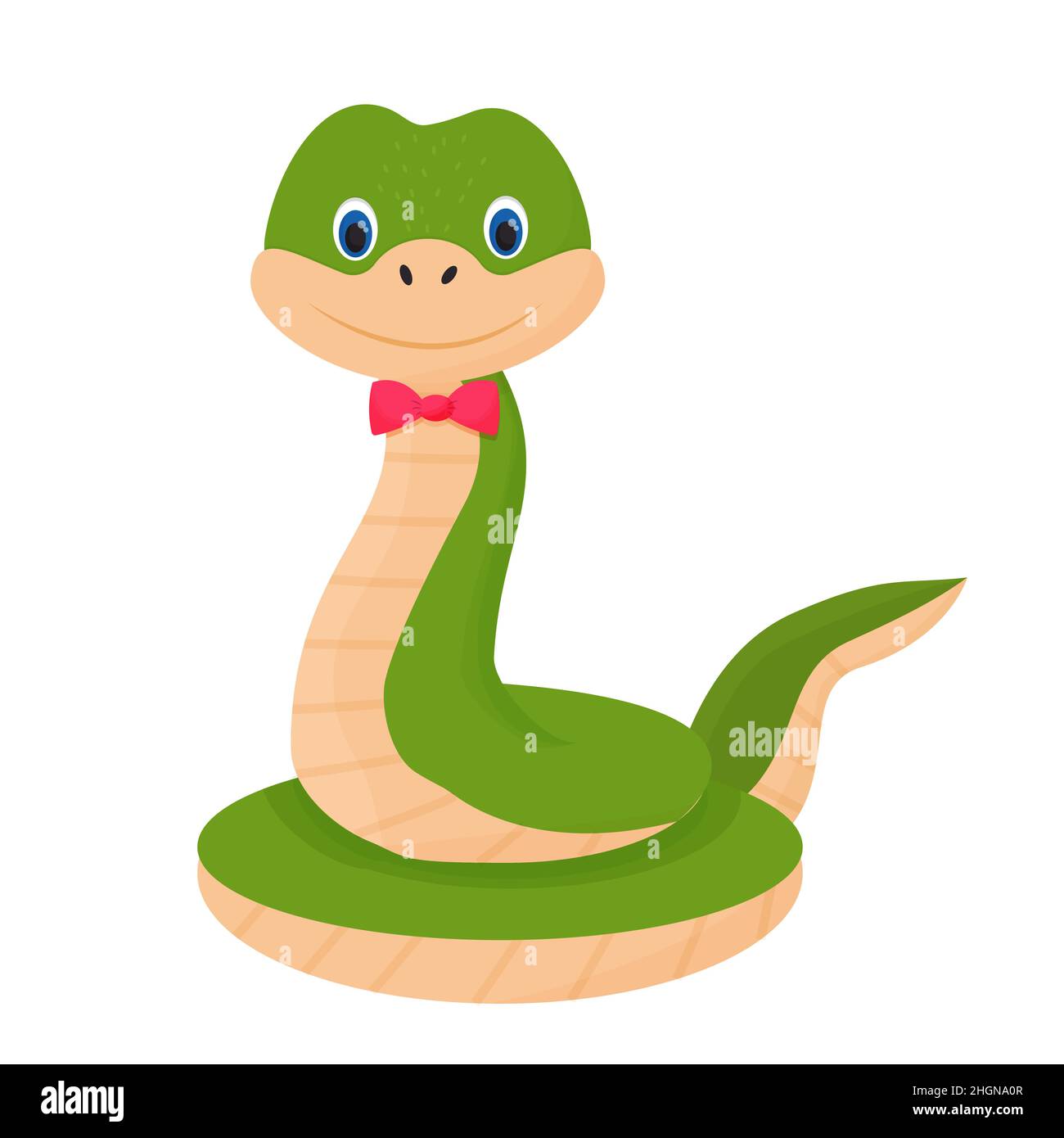 Serpente simpatico e allegro, sorridente in stile cartoon. Animale infantile, clip art rettile isolato su sfondo bianco. Illustrazione vettoriale Illustrazione Vettoriale