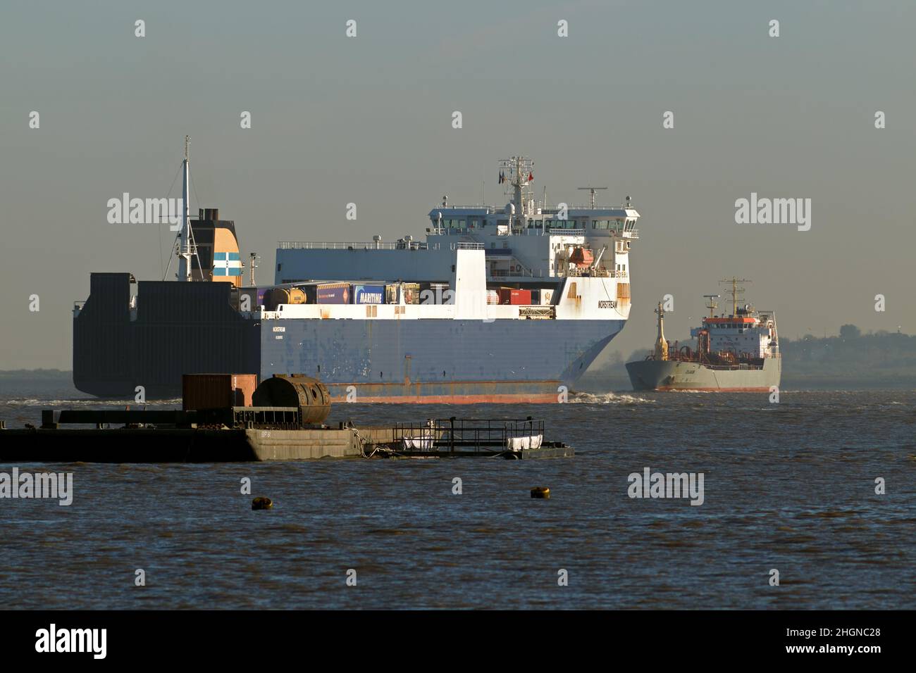 La nave da carico Norstream Ro-Ro che lascia Londra ormeggia. Foto Stock