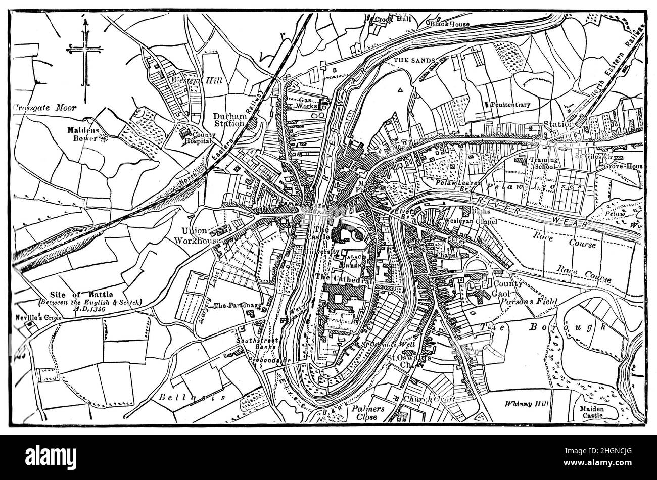 Illustrazione in bianco e nero; mappa del 19th secolo di Durham Foto Stock