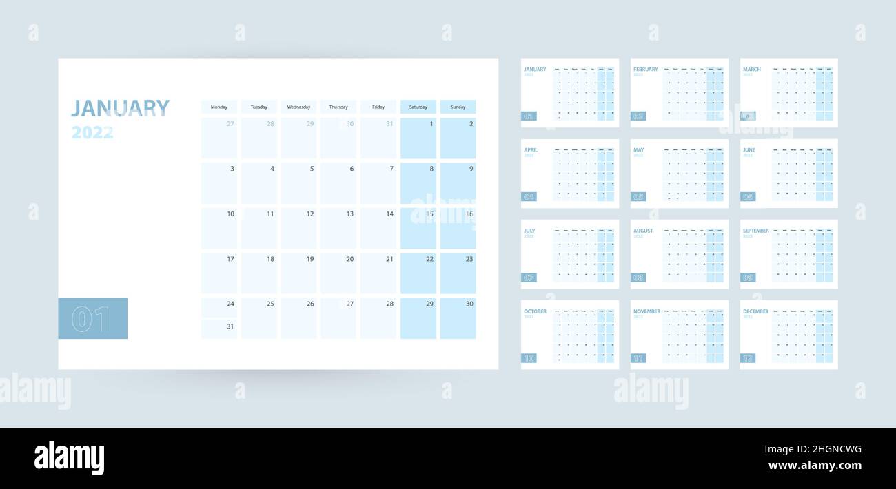 Modello di calendario mensile per l'anno 2022, la settimana inizia il lunedì. Il calendario è in uno schema di colore blu. Illustrazione vettoriale. Illustrazione Vettoriale