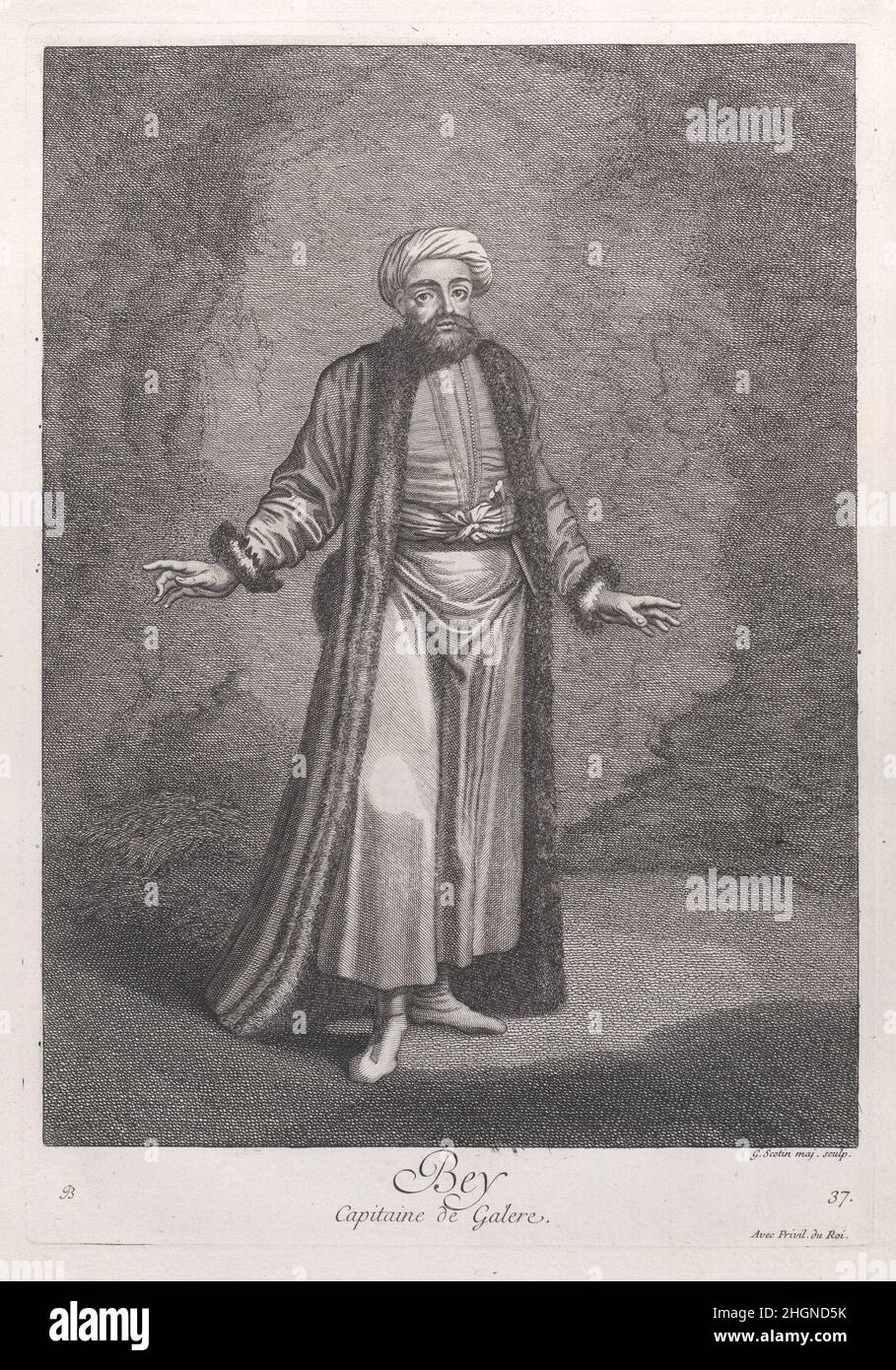 Bey, Capitaine de Galere 1714–15 dopo Jean Baptiste Vanmour. Bey, Capitaine de Galere. Targa 37; da 'Recueil de Cent estampes représentent differentes du Levant'. Dopo Jean Baptiste Vanmour (francese, Valenciennes 1671–1737 Istanbul (Costantinopoli)). 1714–15. Incisione e incisione. Jacques le Hay. Stampa Foto Stock