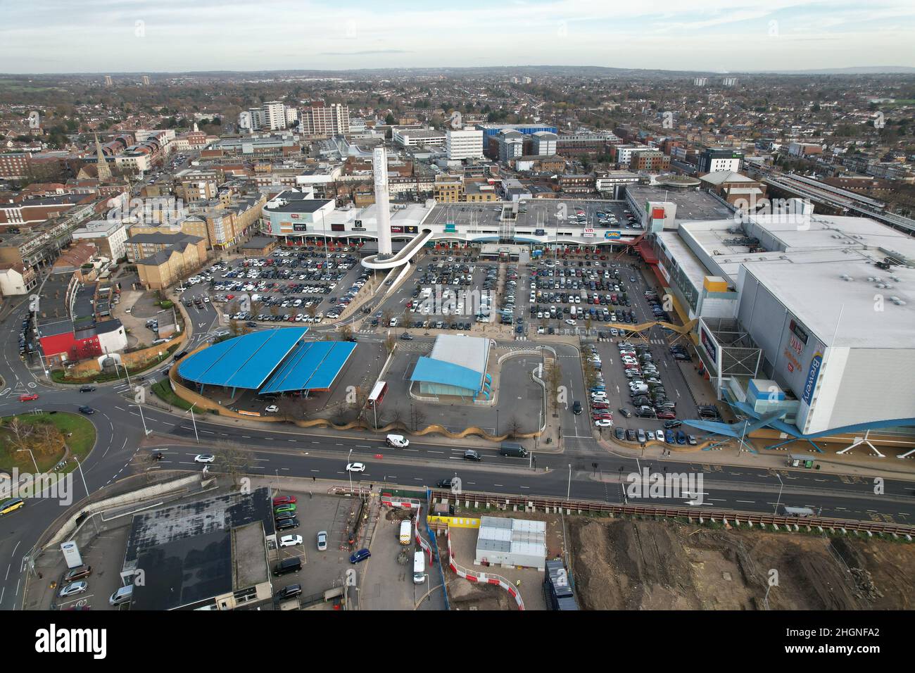 Il centro commerciale Brewery, Romford Essex, vista aerea del Regno Unito Foto Stock