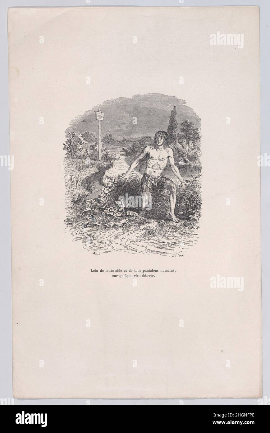 'Via da tutto l'aiuto e senza pantaloni, su una certa riva deserta' dalle miserie piccole di vita umana 1843 J. Grandville. "Lontano da tutto l'aiuto e senza pantaloni, su una sponda deserta" dalle piccole miserie della vita umana. Petites Misères de la vie Humaine. 1843. Incisione in legno. Stampa Foto Stock