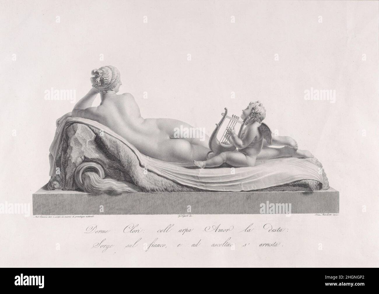 Vista posteriore di Venere reclinata accompagnata da Cupido con un'arpa. Da 'Oeuvre de Canova: Recueil de statue ...' 1817 Domenico Marchetti. Vista posteriore di Venere reclinata accompagnata da Cupido con un arpa. Da 'Oeuvre de Canova: Recueil de statue ...'. Domenico Marchetti (italiano, Roma ca. 1780–dopo 1844 Roma). 1817. Incisione e incisione. Stampa Foto Stock