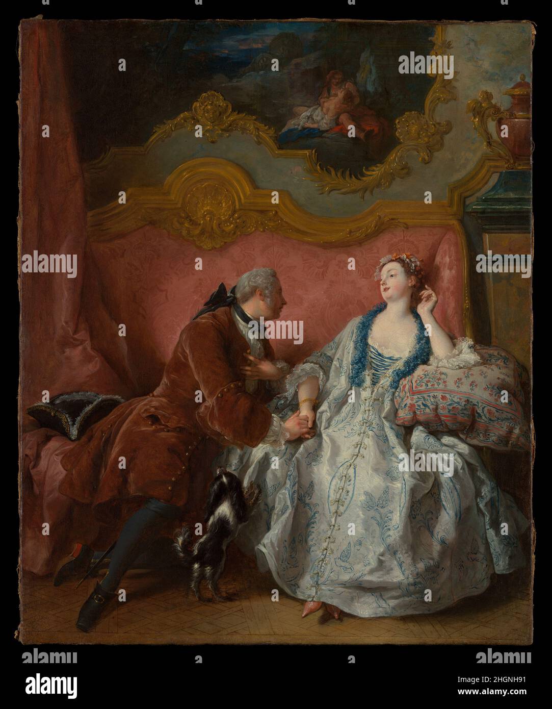 La Dichiarazione d'Amore ca. 1724 Jean Francois de Troy questi celebri pendenti esemplificano un genere di pittura noto come tableaux de mode (dipinti della società alla moda) istituito da de Troy. Rifiutando i soggetti religiosi o mitologici, gli artisti rappresentavano le ultime decorazioni d'interni, l'abbigliamento, l'etiquette e la morale sociale. Marte e Venere, relegati qui alla decorazione a parete, indicano la narrazione di dispiegarsi, mentre il cane impaziente non accenna troppo sottilmente alle passioni celate dietro delicati gesti. Nel 1720s, la rima meticolosa delle curve tra cornice, sedia-rotaia, e divano era Foto Stock