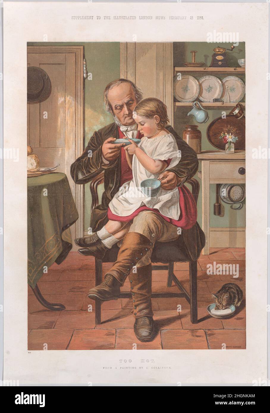 Troppo caldo, da 'Illustrated London News' 28 febbraio 1863 dopo James Collinson Collinson che ha progettato questa stampa è stato uno dei membri originali della Fratellanza pre-Raphaelite, dimettendo nel 1850 per tornare al cattolicesimo romano ed entrare nel collegio Stonyhurst per addestrarsi al sacerdozio. Nel 1860s, quando disegnò questa immagine, l'artista era tornato a Londra, si sposò e dipinse soggetti di genere più convenzionali. Il lavoro include molte osservazioni sensibili sul carattere della vita di campagna, centrate su un nonno che aiuta un bambino a bere il tè caldo. Pubblicato dal 'illustrato L Foto Stock