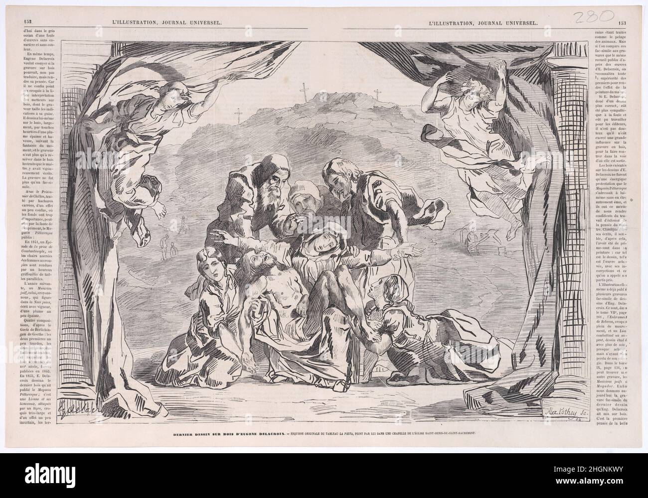 La Pietà, da 'l'Illustration' 29 agosto 1863 Eugène Delacroix pubblicato solo due settimane dopo la morte di Delacroix, questa stampa è descritta come l'ultimo disegno dell'artista sul legno. Solitamente, per fare un'incisione in legno, un artista fornirebbe un disegno su carta da tradurre con un'altra mano sul blocco di legno, prima di essere inciso da un altro professionista. Disegnando direttamente sul legno stesso, Delacroix credeva che il mezzo potesse servire da sbocco per l'espressione diretta del suo pensiero. Questa composizione corrisponde più strettamente al primo schizzo ad olio di Delacroix (colle privato Foto Stock