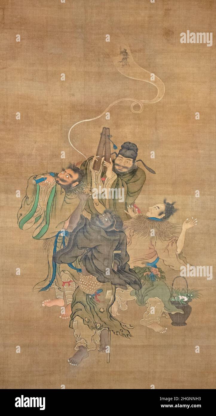 Otto Immortali Daoisti che accolgono Jur?jin 17th Giappone secolo in questo diptych (con 14.76.52), alcuni dei otto Immortali Daoisti venerati della Cina antica osservano skyward per guardare il dio della longevità, Shaolaoren (conosciuto in giapponese come Jur?jin), discendono dall'alto su una gru. La maggior parte degli immortali sono facilmente identificabili. Sul rotolo di sinistra ci sono Lu Dongbin, che porta una spada sulla schiena; lui Xiangu, l'unica femmina, che tiene un fungo magico; e Zhang Guolao, che gira la schiena e rilascia un asino in miniatura da una borsa. Sul rotolo di destra ci sono LAN Caihe con clappers e li Tieguai, che crea un mini Foto Stock