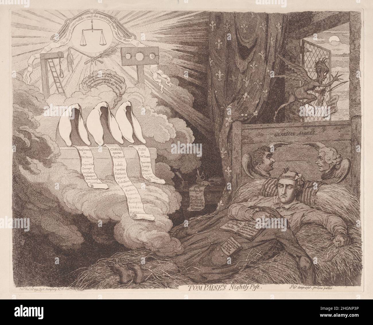 Tom Paine's Nightly Pest 10 dicembre 1792 James Gillray British questa satira commenta il procedimento penale britannico di Thomas Paine, che era allora in Francia. Il 8 dicembre 1792 fu giudicato colpevole in contumacia per diffamazione in passaggi pubblicati nel suo 'diritti dell'uomo'. Qui, Paine dorme indossando un cappello di libertà, vicino ad una tenda decorata con fleur-de-lys. La sua testata supporta immagini di angeli custodi Charles James Fox e Dr. Priestly, e il cuscino è inscritto "vive l'America". L'autore sogna di parrucche giudiziarie, una prigione e un gibbet, e la sua tasca cappotto, che giace sul letto, contiene una copia Foto Stock