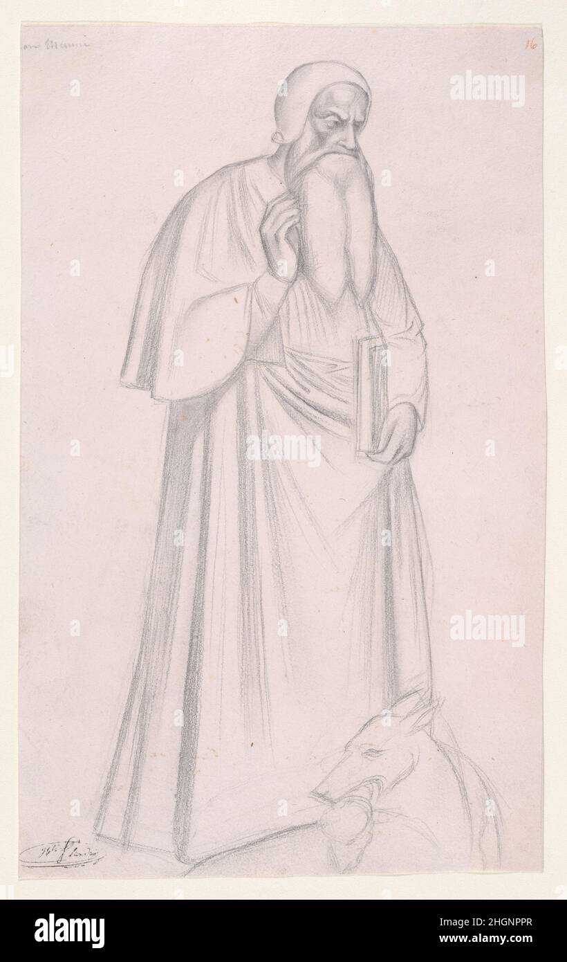 Figura Studio dopo Andrea di Bonaiuto, S. Maria Novella, Firenze 1835–38 Hippolyte Flandrin Hippolyte Flandrin è stato il primo allievo di Ingres a vincere il Prix de Rome, consentendogli di studiare in Italia dal 1833 al 1838. Durante una delle tre visite a Firenze, fece questo disegno basato su una figura in affresco (ca. 1365) di Andrea di Bonaiuto nella Cappella spagnola di Santa Maria Novella. Gli studi di Flandrin sui dipinti religiosi in Italia hanno avuto una profonda influenza sulla carriera dell’artista, che ha speso in gran parte per eseguire importanti programmi decorativi religiosi nelle chiese parigine, tra cui Saint-Germain- Foto Stock