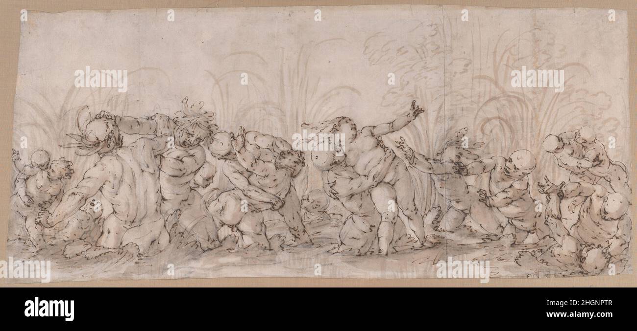 Tritoni rapimento di Nereidi 1547–85 Luca Cambiaso. Tritoni rapire Nereidi. Luca Cambiaso (italiano, Moneglia 1527–1585 Madrid). 1547–85. Penna e inchiostro marrone scuro, spazzola e lavaggio marrone grigiastro, su gesso nero su tre fogli di carta incollati. La superficie della carta originale è incollata sul supporto; verso non visibile. Disegni Foto Stock