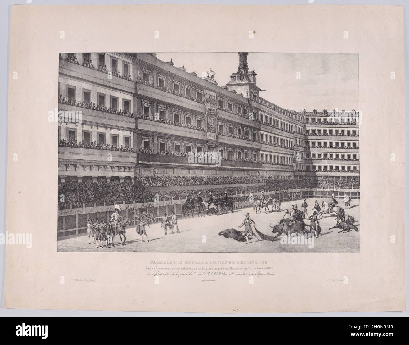 Una battaglia di toro in Plaza Mayor, Madrid, il 22 1833 giugno alla presenza di Isabel II 1833 Henri-Pierre-Léon-Pharamond Blanchard. Una battaglia di toro in Plaza Mayor, Madrid, il 22 1833 giugno alla presenza di Isabel II. José de Madrazo (spagnolo, Santander 1781–1859 Madrid). 1833. Litografia. Real Establecimiento Litográfico, Madrid (1824–1830s). Stampa Foto Stock