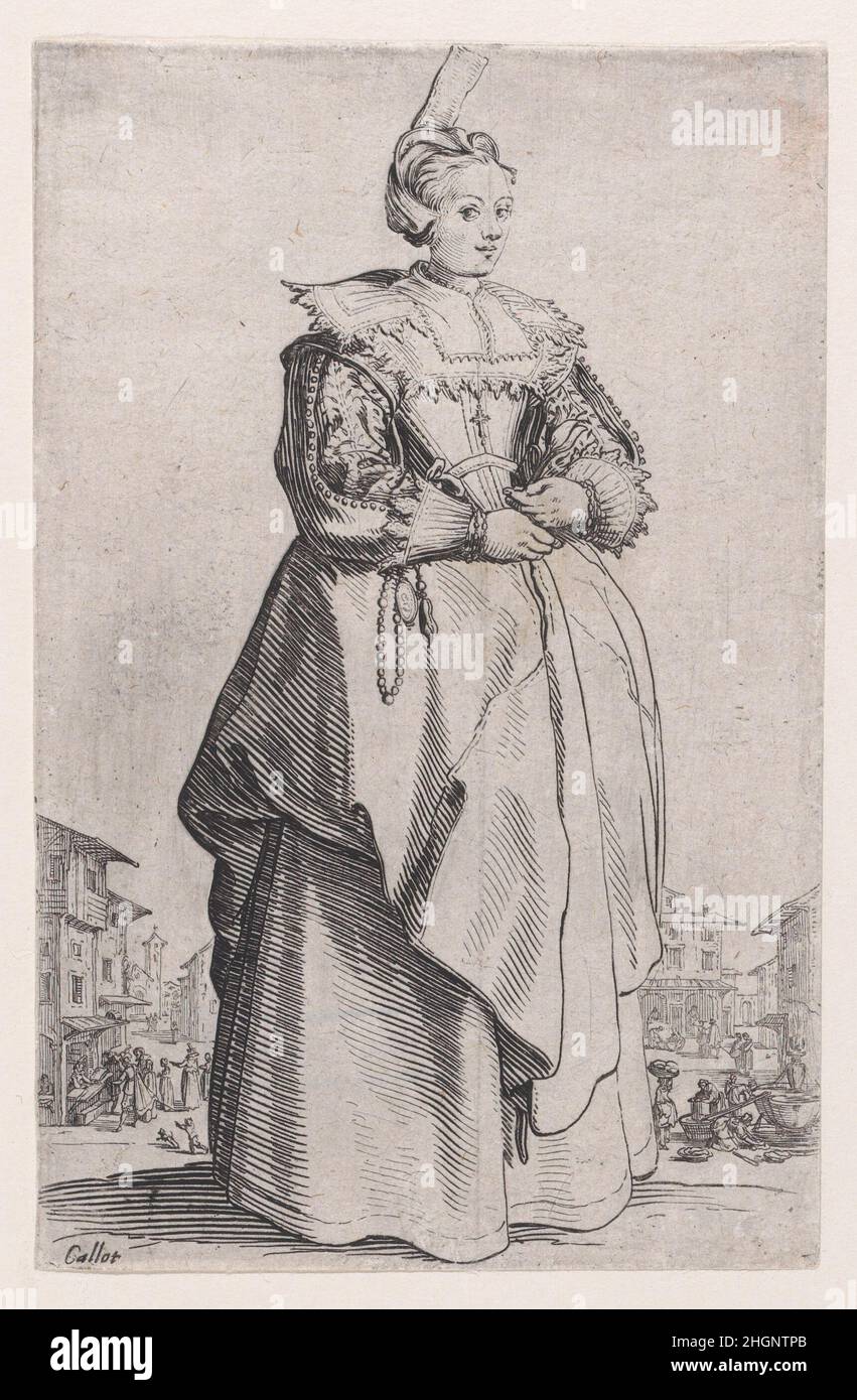 La Dame a la Petite Coiffe Relevée en Arrière (la Signora con l'acconciatura che è sollevata alla schiena), da la Noblesse (la nobiltà) ca. 1623 Jacques Callot Francese. La Dame a la Petite Coiffe Relevée en Arrière (la Signora con l'acconciatura che è sollevata alla schiena), da la Noblesse (la nobiltà). La Noblesse. Jacques Callot (francese, Nancy 1592–1635 Nancy). CA. 1623. Acquaforte. Stampa Foto Stock