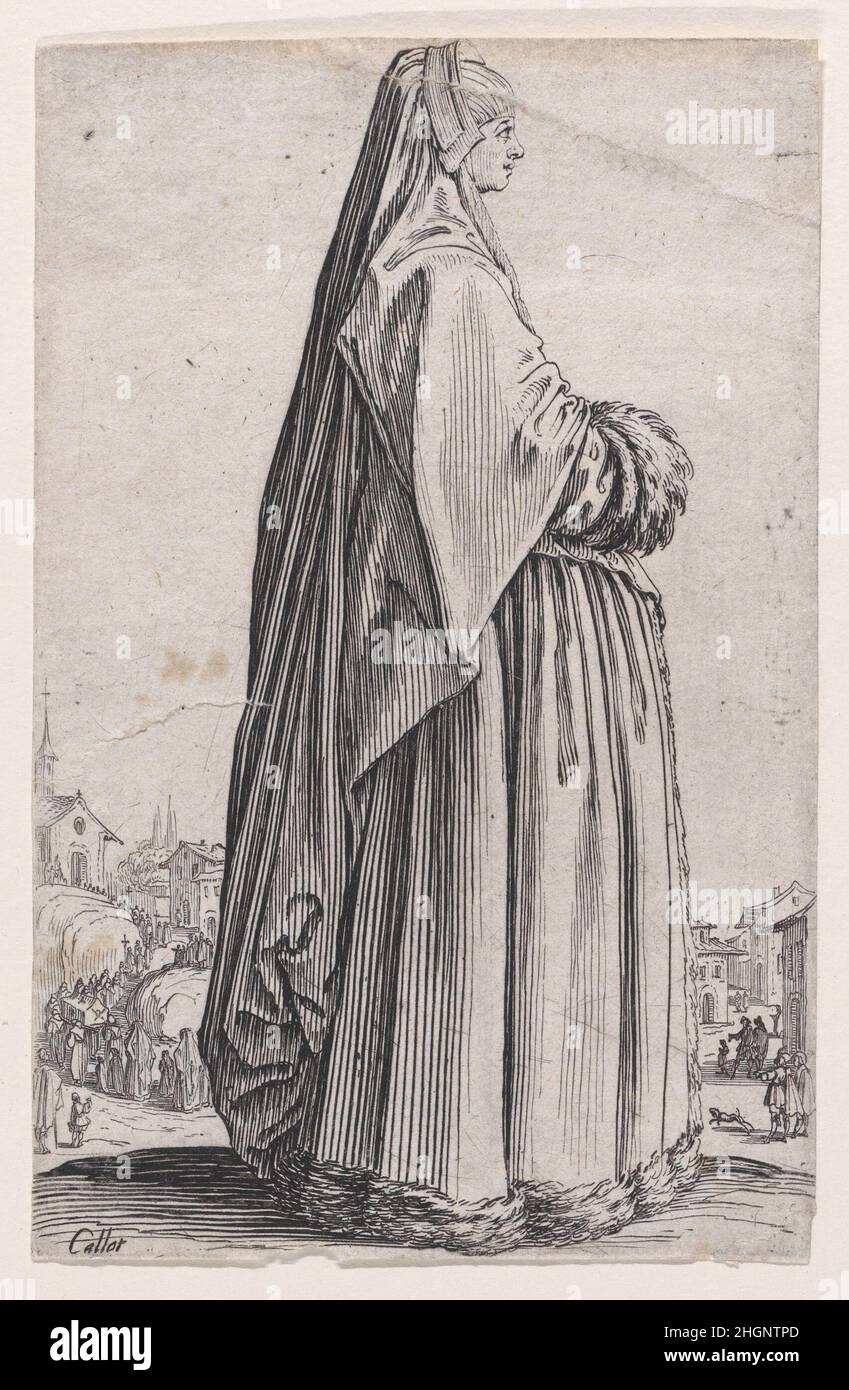 La Dame Coiffée d'un Grand Voile et a la Robe Bordée de Fourrures (la Signora con un velo grande e con un Robe foderato in pelliccia), da la Noblesse (la nobiltà) ca. 1623 Jacques Callot Francese. La Dame Coiffée d'un Grand Voile et a la Robe Bordée de Fourrures (la Signora con un velo grande e con un Robe foderato in pelliccia), da la Noblesse (la nobiltà). La Noblesse. Jacques Callot (francese, Nancy 1592–1635 Nancy). CA. 1623. Acquaforte. Stampa Foto Stock