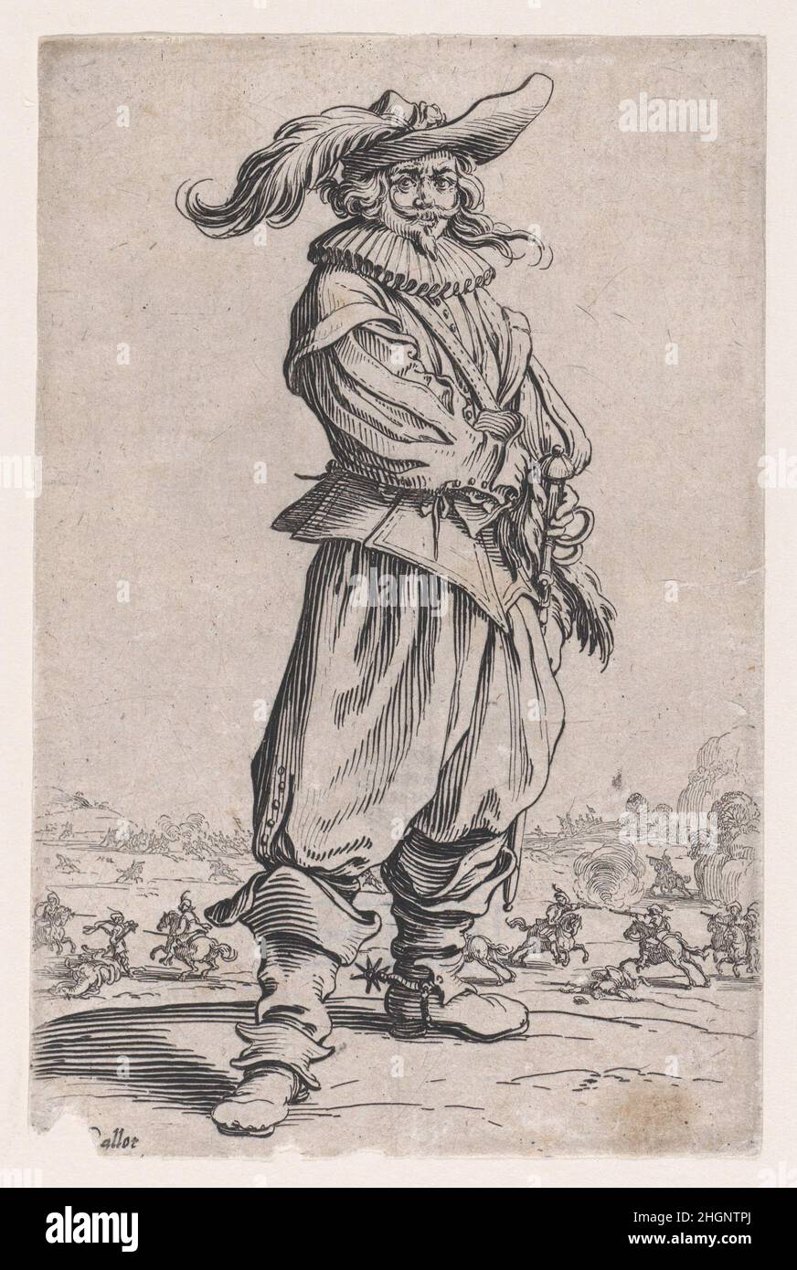 Le Guerrier au Chapeau Orné d'une Grande Plume (l'ufficiale con una grossa piuma nel suo cappello), da la Noblesse (la nobiltà) ca. 1623 Jacques Callot Francese. Le Guerrier au Chapeau Orné d'une Grande Plume (l'ufficiale con una grossa piuma nel suo cappello), da la Noblesse (la nobiltà). La Noblesse. Jacques Callot (francese, Nancy 1592–1635 Nancy). CA. 1623. Incisione; primo stato di due (Lieure). Stampa Foto Stock