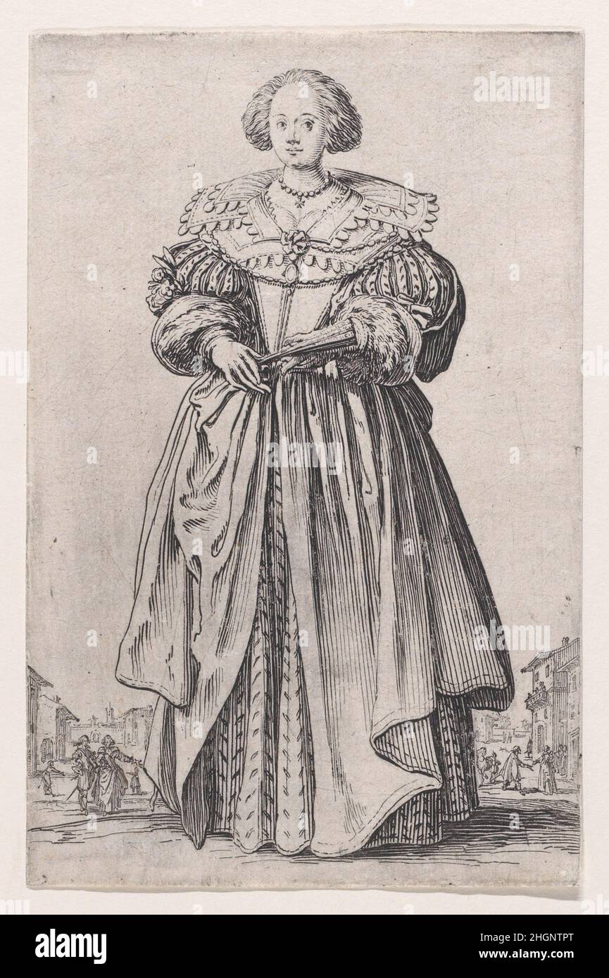 La Dame a l'Eventail (la Signora con un ventilatore), da la Noblesse (la nobiltà) ca. 1623 Jacques Callot Francese. La Dame a l'Eventail (la Signora con un ventilatore), da la Noblesse (la nobiltà). La Noblesse. Jacques Callot (francese, Nancy 1592–1635 Nancy). CA. 1623. Acquaforte. Stampa Foto Stock