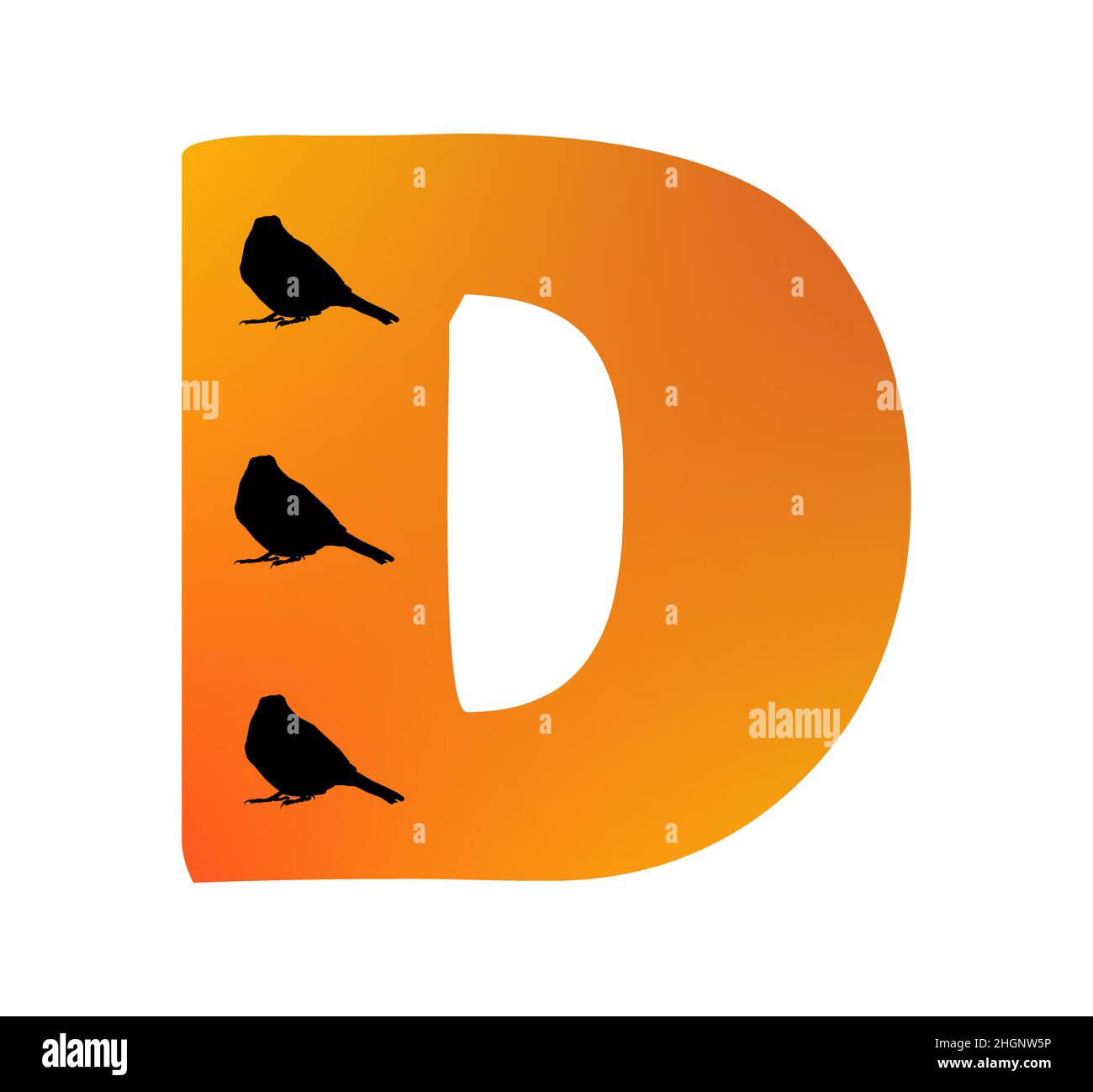 Lettera D dell'alfabeto di colore arancione e tre silhouette di uccelli, isolato su sfondo bianco; vettore Illustrazione Vettoriale