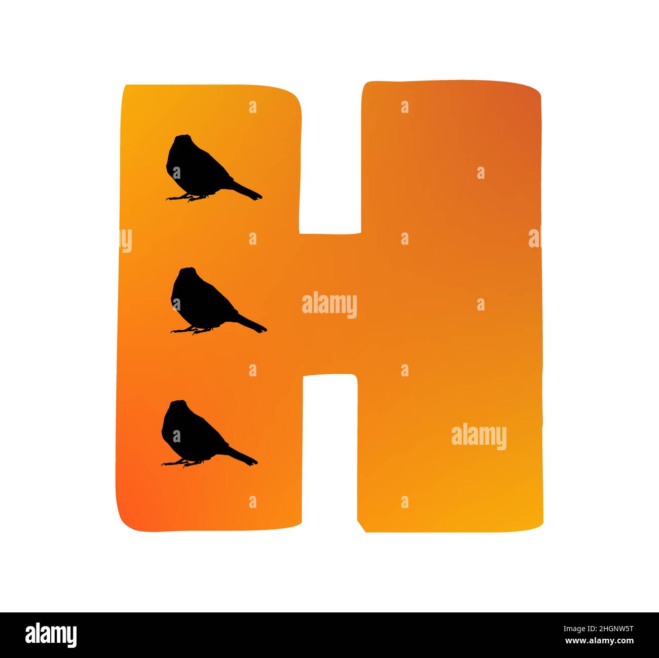 Lettera H dell'alfabeto di colore arancione e tre silhouette di uccelli, isolato su sfondo bianco; vettore Illustrazione Vettoriale
