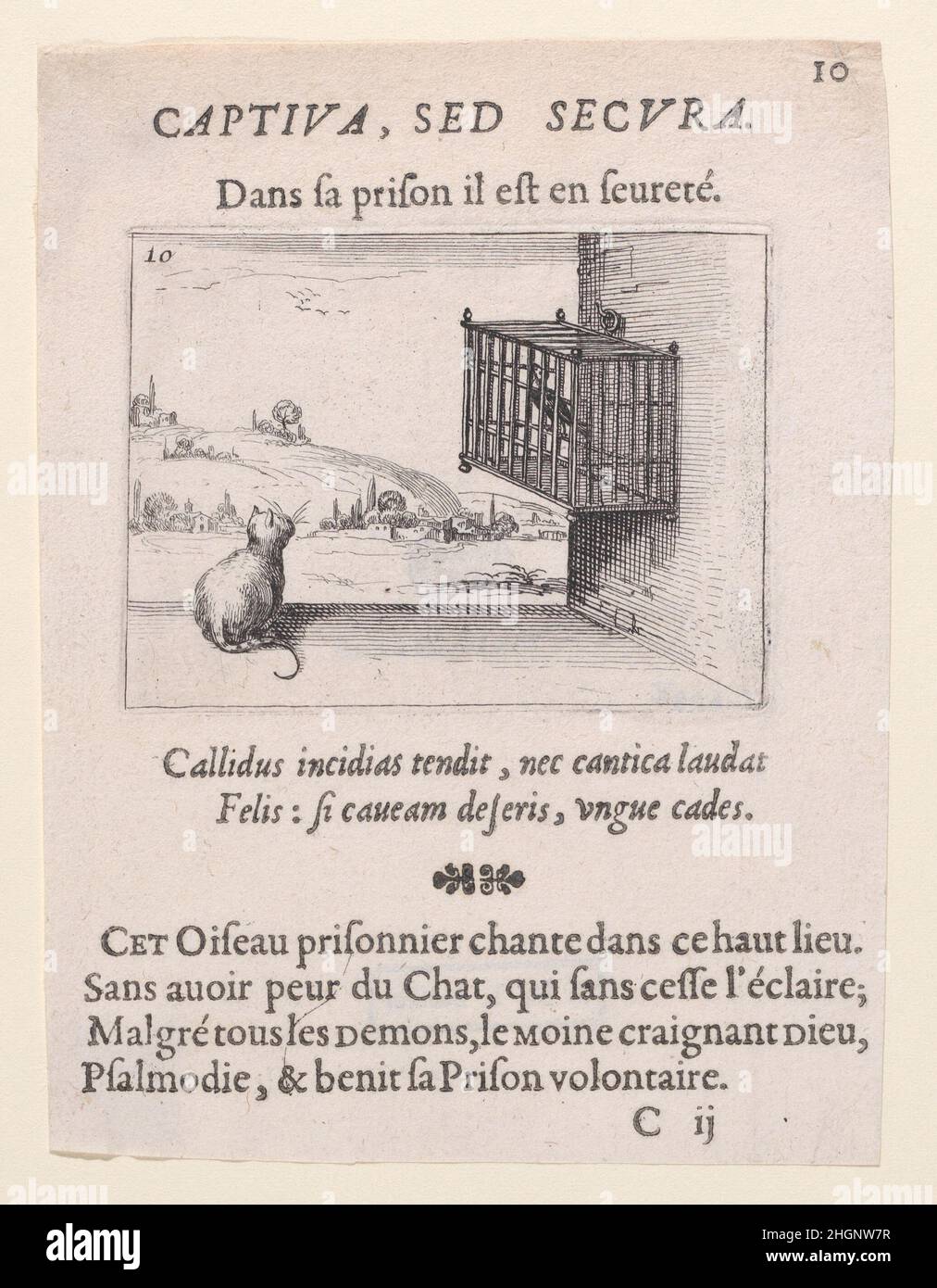 Le Chat Guettant l'Oiseau en Cage (il gatto che guarda l'uccello nel Cage), da Lux Claustri ou la Lumière du Cloitre (la luce dei chiostri), piatto 10 1621–35 Jacques Callot francese. Le Chat Guettant l'Oiseau en Cage (il gatto che guarda l'uccello nel Cage), da Lux Claustri ou la Lumière du Cloitre (la luce dei chiostri), piatto 10. Lux Claustri o la Lumière du Cloitre. Jacques Callot (francese, Nancy 1592–1635 Nancy). 1621–35. Incisione e stampa letterina; secondo stato di due (Lieure). Francesco Langlois (francese, battezzato Chartres, 1588–1647 Parigi). Stampa Foto Stock