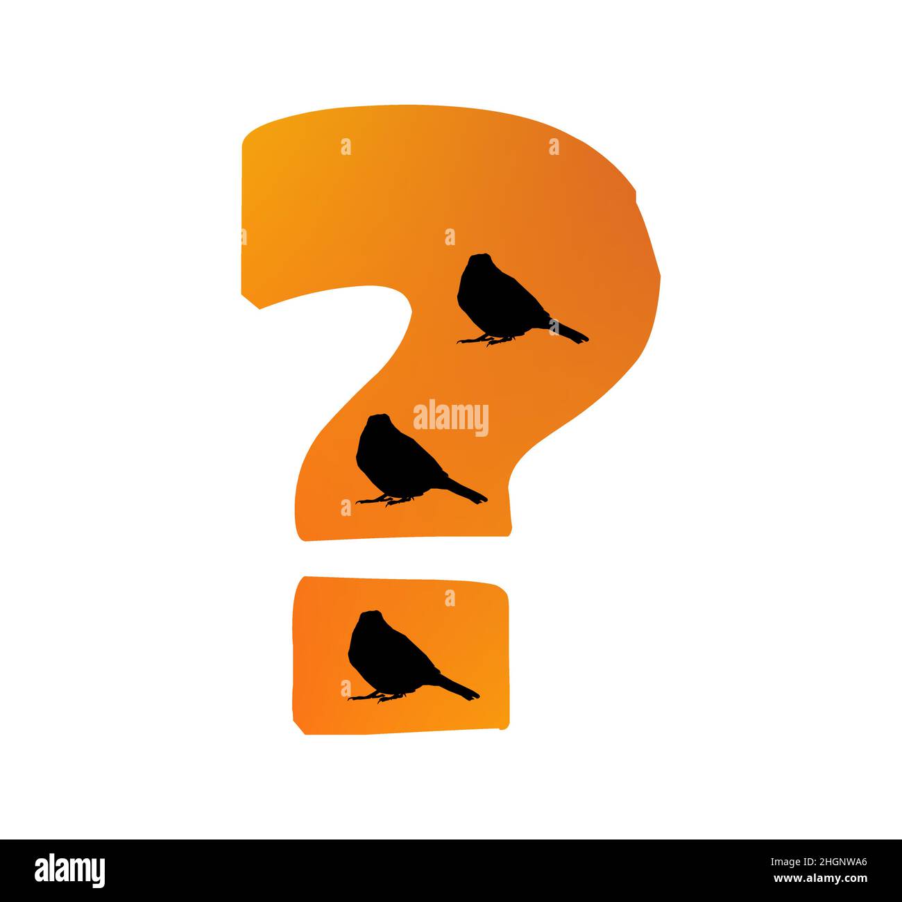 Numero ? dell'alfabeto di colore arancione e tre silhouette di uccelli, isolato su sfondo bianco; vettore Illustrazione Vettoriale
