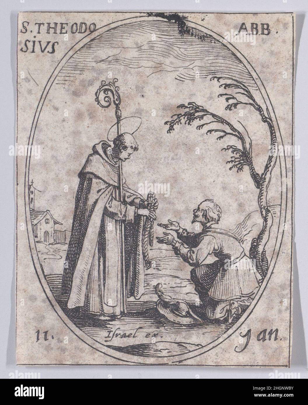 S. Théodose, abbé (St Theodosio, Abate), Gennaio 11th, da Les Images De Tous Les Saincts et Saintes de l'Année (immagini di tutti i Santi e gli Eventi Religiosi dell'anno) 1636 Jacques Callot French questa stampa fa parte di una serie composta da una pagina del titolo, frontespizio, e 122 tavole. Ognuna di queste 122 tavole contiene quattro scene ovali raffiguranti Santi ed Eventi Religiosi per ogni giorno dell'anno. Questo attacco era originariamente una delle quattro scene ovali su una piastra della serie. S. Théodose, abbé (St Theodosio, Abate), gennaio 11th, da Les Images De Tous Les Saincts et Saintes de l'Anné Foto Stock