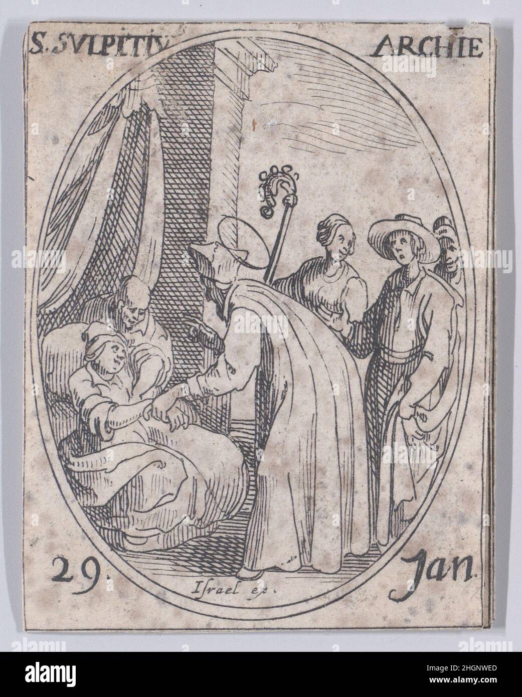 S. Sulpice, Archevêque (St Sulpitius, Arcivescovo), gennaio 29th, da Les Images De Tous Les Saincts et Saintes de l'Année (immagini di tutti i Santi e gli Eventi Religiosi dell'anno) 1636 Jacques Callot French questa stampa fa parte di una serie composta da una pagina del titolo, frontespizio, e 122 tavole. Ognuna di queste 122 tavole contiene quattro scene ovali raffiguranti Santi ed Eventi Religiosi per ogni giorno dell'anno. Questo attacco era originariamente una delle quattro scene ovali su una piastra della serie. S. Sulpice, Archevêque (St Sulpitius, arcivescovo), gennaio 29th, da Les Images De Tous Les Saincts et Foto Stock
