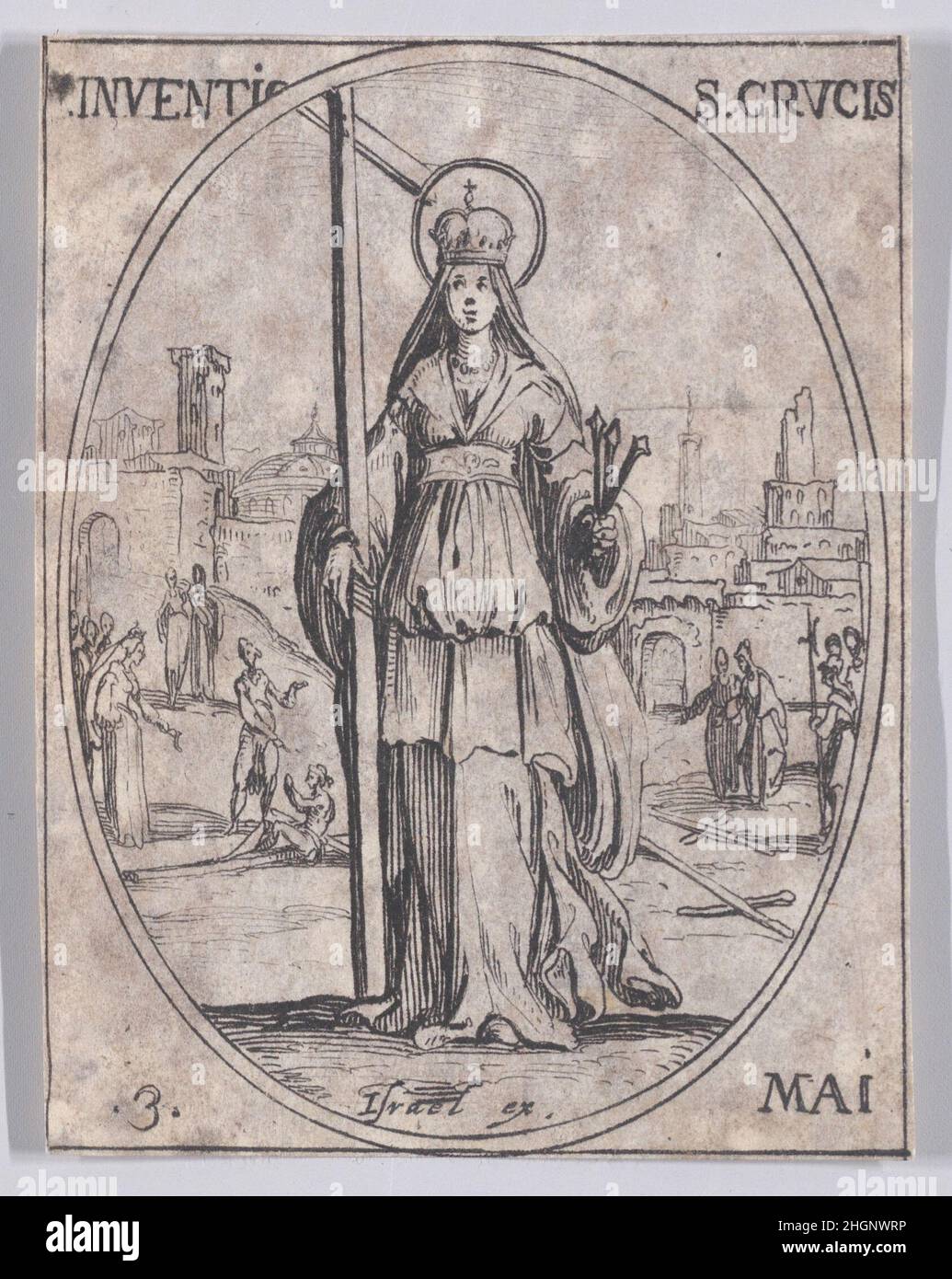 L'invenzione de la Ste Croix (l'invenzione della vera Croce), 3rd maggio, da Les Images De Tous Les Saincts et Saintes de l'Année (immagini di tutti i Santi e gli eventi religiosi dell'anno) 1636 Jacques Callot French questa stampa fa parte di una serie composta da una pagina del titolo, frontespizio, e 122 piastre. Ognuna di queste 122 tavole contiene quattro scene ovali raffiguranti Santi ed Eventi Religiosi per ogni giorno dell'anno. Questo attacco era originariamente una delle quattro scene ovali su una piastra della serie. L'invenzione de la Ste Croix (l'invenzione della vera Croce), maggio 3rd, da Les Images De Tous Foto Stock