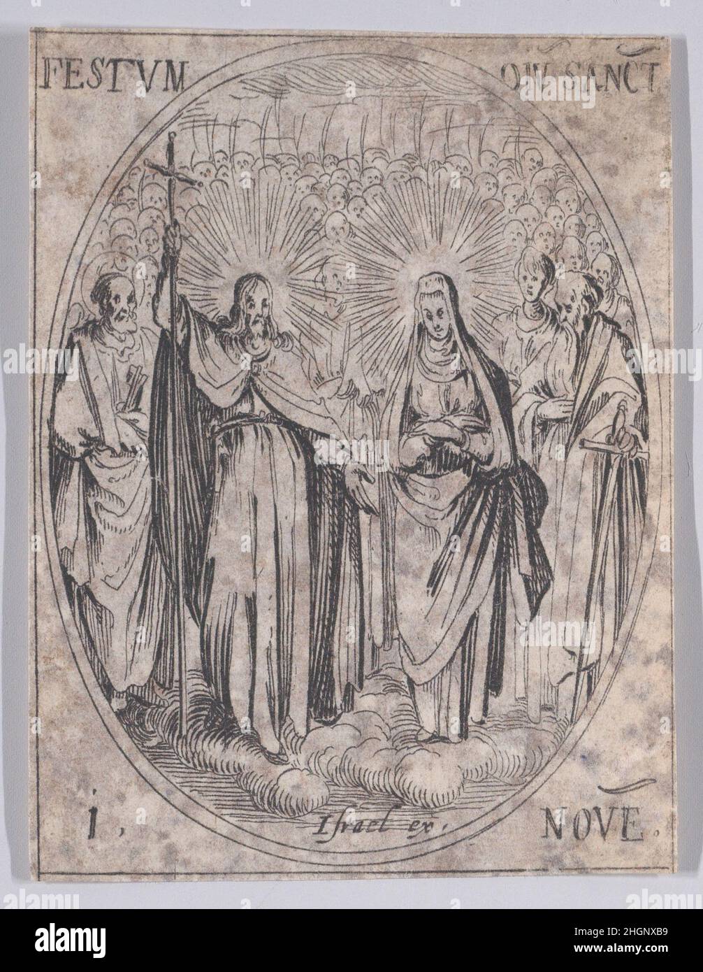 Le Fête de Tous Les Saints (Festa di tutti i Santi), dal novembre 1st, da Les Images De Tous Les Saincts et Saintes de l'Année (immagini di tutti i Santi e gli eventi religiosi dell'anno) 1636 Jacques Callot French questa stampa fa parte di una serie composta da una pagina del titolo, frontespizio e 122 lastre. Ognuna di queste 122 tavole contiene quattro scene ovali raffiguranti Santi ed Eventi Religiosi per ogni giorno dell'anno. Questo attacco era originariamente una delle quattro scene ovali su una piastra della serie. Le Fête de Tous Les Saints (Festa di tutti i Santi), dal novembre 1st, da Les Images De Tous Les Sain Foto Stock