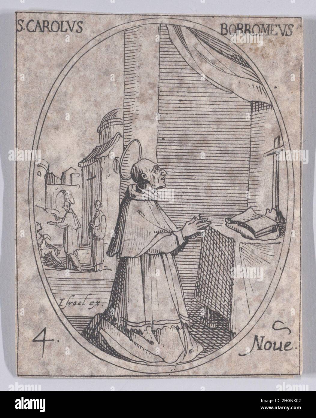 S. Charles Borromée (St Charles Barommeo), da novembre 4th, da Les Images De Tous Les Saincts et Saintes de l'Année (immagini di tutti i Santi e gli Eventi Religiosi dell'anno) 1636 Jacques Callot French questa stampa fa parte di una serie composta da una pagina del titolo, frontespizio, e 122 tavole. Ognuna di queste 122 tavole contiene quattro scene ovali raffiguranti Santi ed Eventi Religiosi per ogni giorno dell'anno. Questo attacco era originariamente una delle quattro scene ovali su una piastra della serie. S. Charles Borromée (St Charles Barommeo), dal novembre 4th, da Les Images De Tous Les Saincts et Saint Foto Stock