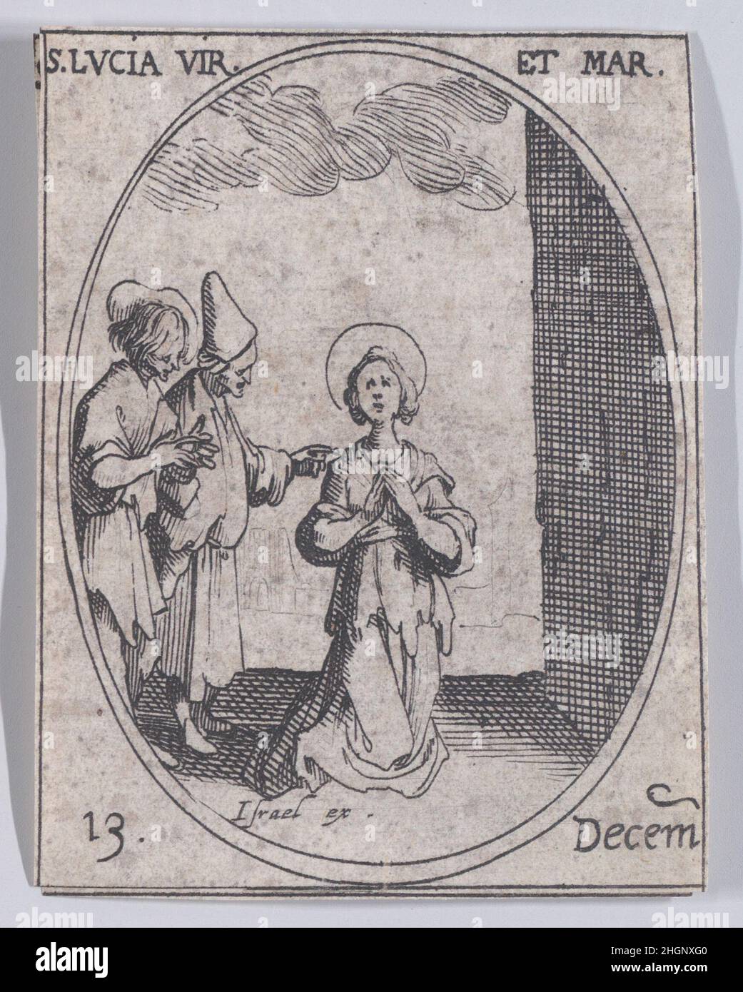 Ste Lucie, vierge et martire (St Lucy, Virgin and Martyr), Dicembre 13th, da Les Images De Tous Les Saincts et Saintes de l'Année (immagini di tutti i Santi e gli eventi Religiosi dell'anno) 1636 Jacques Callot French questa stampa fa parte di una serie composta da una pagina del titolo, frontespizio, e 122 tavole. Ognuna di queste 122 tavole contiene quattro scene ovali raffiguranti Santi ed Eventi Religiosi per ogni giorno dell'anno. Questo attacco era originariamente una delle quattro scene ovali su una piastra della serie. Ste Lucie, vierge et martire (St Lucy, Vergine e Martire), dicembre 13th, da Les Images De Foto Stock