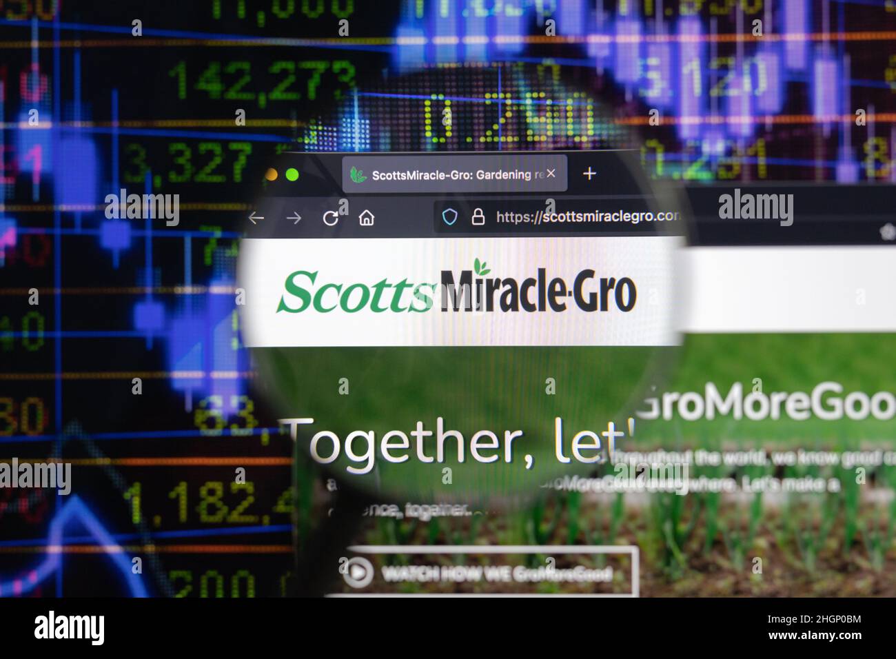 ScottsMiracle-Gro logo azienda su un sito web con blurry sviluppi del mercato azionario in background, visto su uno schermo del computer Foto Stock