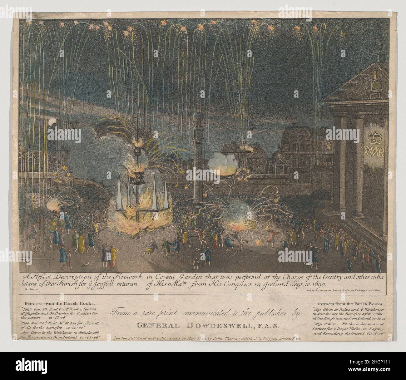 Una descrizione perfetta del fuoco a Covent Garden che è stato eseguito a carico del Gentry e di altri abitanti di quella parrocchia per voi joyfull rituran [sic] del suo ma-Tiw dalla sua conquista in Irlanda, 10 settembre 1690 1809 Bernard Lens II British. Una descrizione perfetta dei fuochi d'artificio in Covent Garden che si è esibito a carico della Gentry e di altri abitanti di quella parrocchia per voi joyfull rituran [sic] del suo ma-tiw dalla sua conquista in Irlanda, 10 settembre 1690 351128 Foto Stock