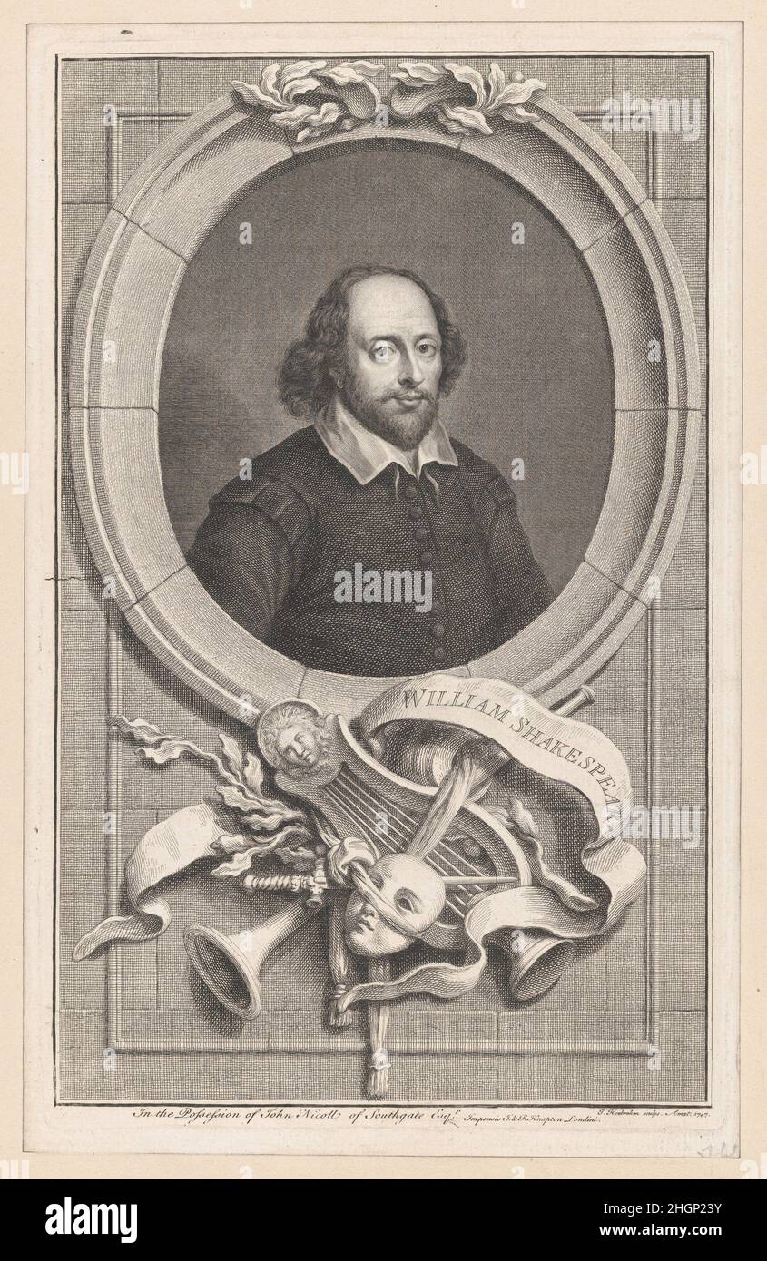 William Shakespeare 1747 Jacob Houbraken inciso da Houbraken per 'Birch's Heads', questo ritratto mostra Shakespeare indossando una semplice giacca e un morbido colletto bianco con cravatte aperte come nel ritratto di Chandos di ca. 1610 (National Portrait Gallery, Londra). La stampa eleva il soggetto aggiungendo una cornice in pietra simulata e un gruppo di oggetti simbolici, una lira, una maschera, una tromba, foglie di alloro e un pugnale, ai riferimenti alle realizzazioni di Shakespeare come poeta e drammaturgo e alla sua fama postuma. William Shakespeare 708367 Foto Stock