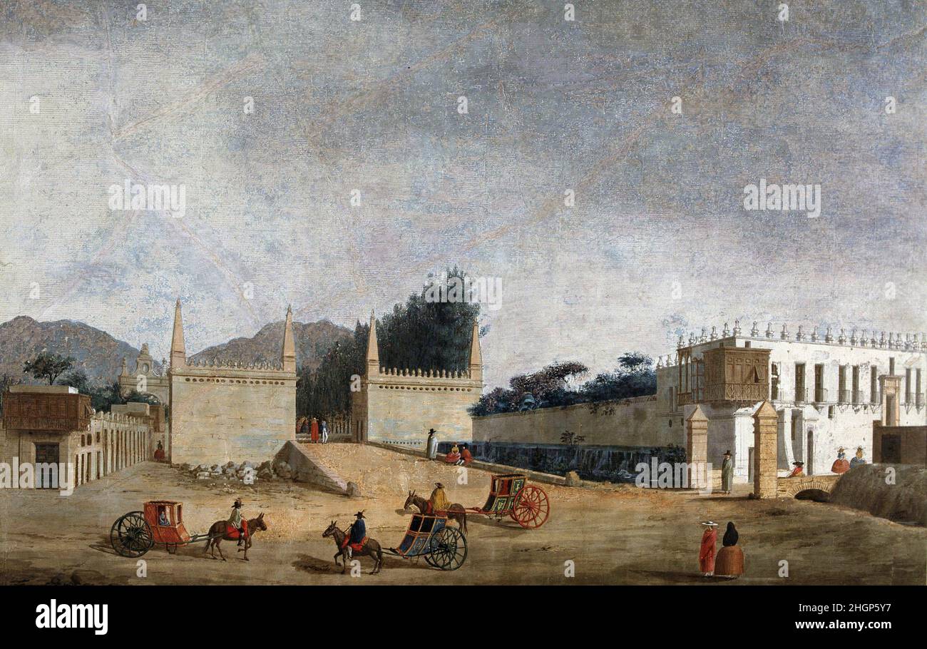MALASPINA, ALEJANDRO. NAVEGANTE Y EXPLORADOR ITALIANO. 1754-1810.. EXPEDICION CENTIFICA 1789-1794.. PERÙ." EL PASEO DEL AGUA EN LIMA ', DIBUJO DE . FERNANDO BRAMBILLA.. MUSEO NAVALE. MADRID. Autore: FERNANDO BRAMBILA. Foto Stock