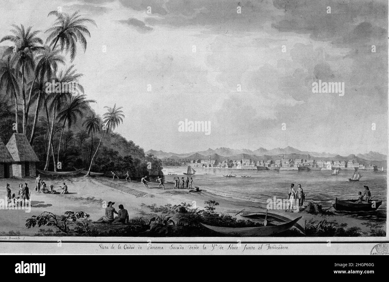 MALASPINA , ALEJANDRO. MARINO ENGLISH . 1754 - 1809. EXPEDICION CENTIFICA 1789 - 1794. PANAMA . ' VISTA DE LA CIUDAD DE PANAMA DESDE LA ISLA DE NAOS '. DIBUJO A TINTA Y AGUADA. MUSEO NAVALE . MADRID. Autore: FERNANDO BRAMBILA. Foto Stock