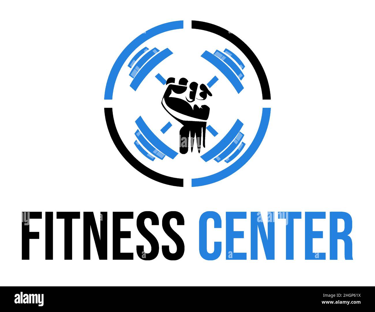 Palestra fitness modello di design logo con manubri. Logo per centro fitness isolato su sfondo bianco Illustrazione Vettoriale