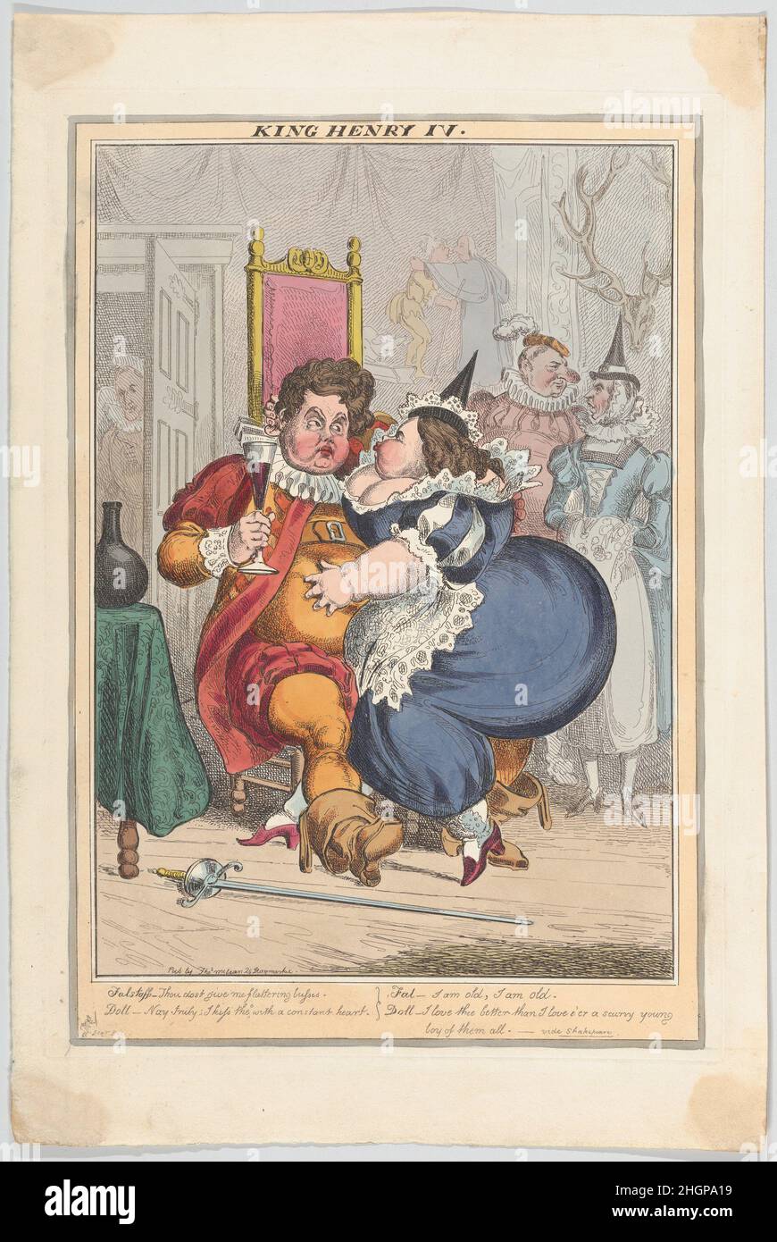 Re Enrico IV ca. 1827 William Heath ('Paul Pry') la satira di Heath prende in giro George IV e la sua amante Elizabeth, Marchioness Conygham, con il titolo destinato a riecheggiare un'opera ben nota di Henry Fuseli che mostra il cavaliere grasso Falstaff presso la Taverna del Capo del Boar, canoodling con il foglio di bambola, In una scena del "Re Enrico IV, parte II" di Shakespeare. Il dipinto è stato appeso alla Shakespeare Gallery di Boydell, su Pall Mall a Londra tra il 1789 e il 1805, ed è stato inciso da William Satchwell Leney (vedi 42.119.534). Re Enrico IV 710350 Foto Stock