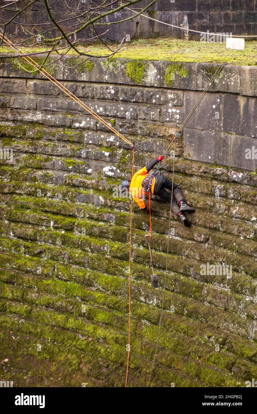 Uomo che abseiling su corde giù la diga sul lago Rudyard lago di ripulendo il muschio fuori dalla diga muro pronto per un controllo di manutenzione Foto Stock