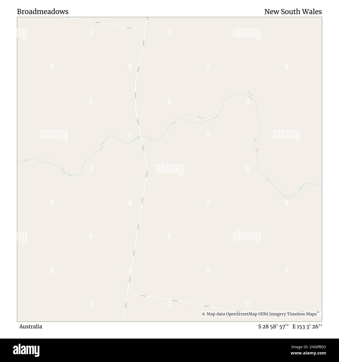 Broadmeadows, Australia, nuovo Galles del Sud, S 28 58' 57'', e 153 3' 26''', mappa, mappa senza tempo pubblicata nel 2021. Viaggiatori, esploratori e avventurieri come Florence Nightingale, David Livingstone, Ernest Shackleton, Lewis and Clark e Sherlock Holmes si sono affidati alle mappe per pianificare i viaggi verso gli angoli più remoti del mondo, Timeless Maps sta mappando la maggior parte delle località del mondo, mostrando il successo di grandi sogni Foto Stock