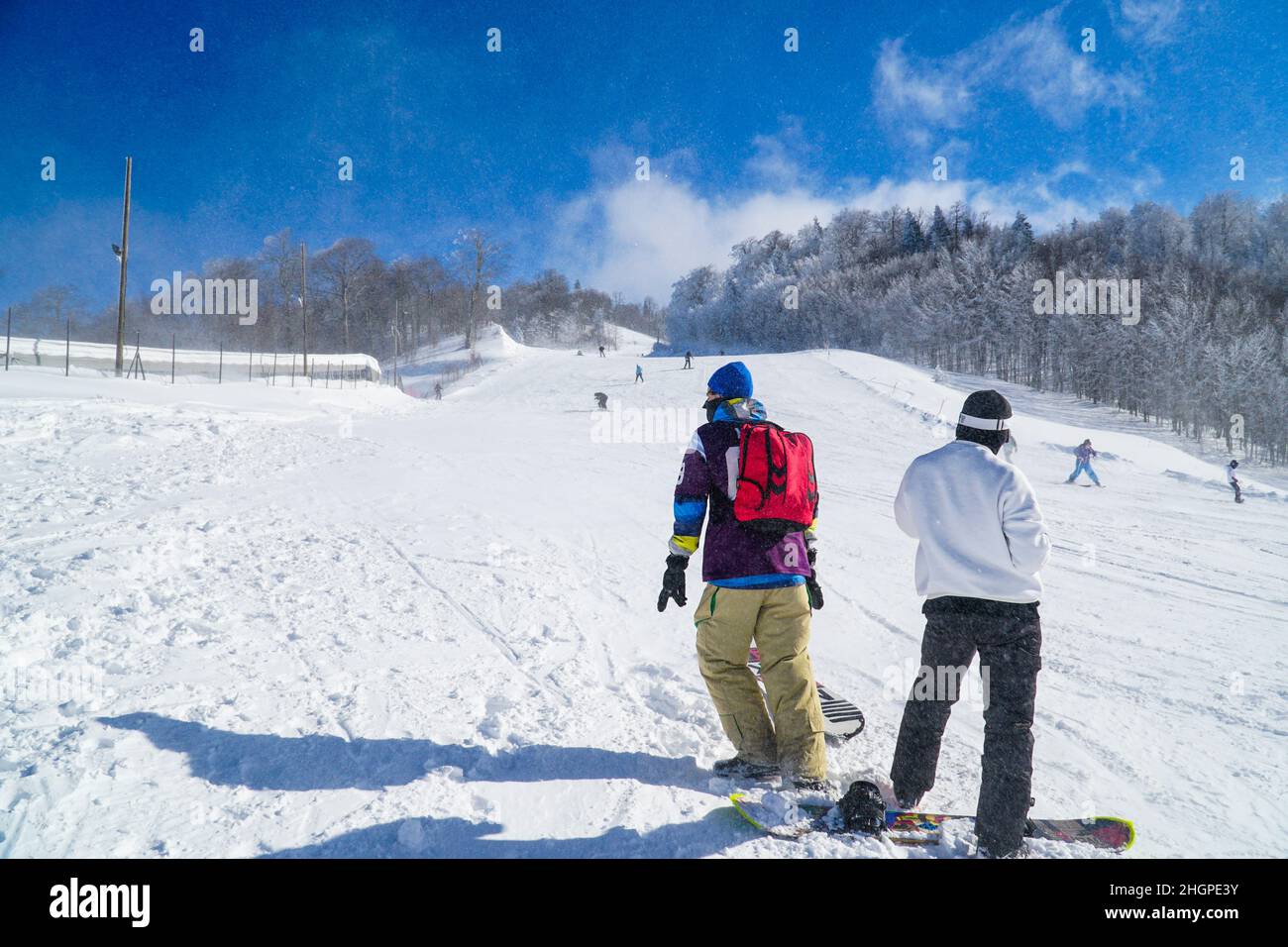 Due snowboard in montagna. Gli amanti dello snowboard possono praticare attività all'aperto. Gruppo di amici che si godono la stagione invernale. Foto Stock