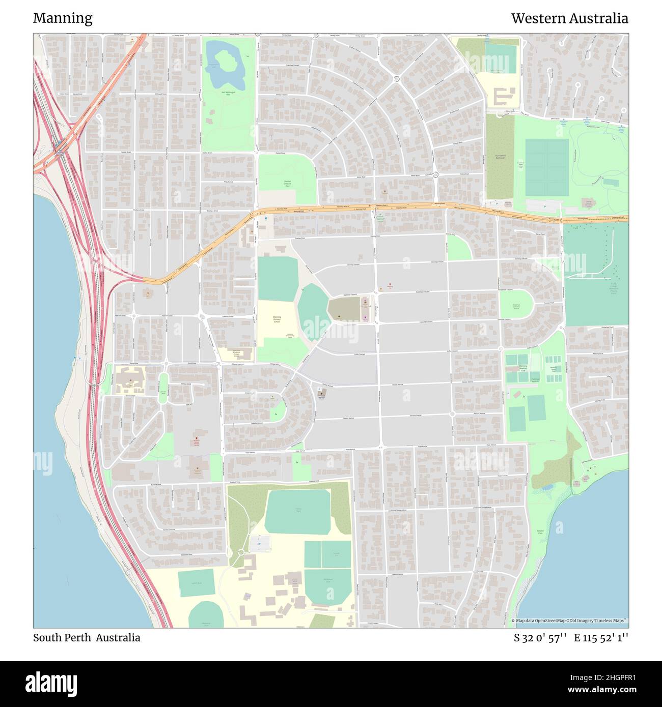 Manning, South Perth, Australia, Western Australia, S 32 0' 57'', e 115 52' 1''', mappa, mappa senza tempo pubblicata nel 2021. Viaggiatori, esploratori e avventurieri come Florence Nightingale, David Livingstone, Ernest Shackleton, Lewis and Clark e Sherlock Holmes si sono affidati alle mappe per pianificare i viaggi verso gli angoli più remoti del mondo, Timeless Maps sta mappando la maggior parte delle località del mondo, mostrando il successo di grandi sogni Foto Stock