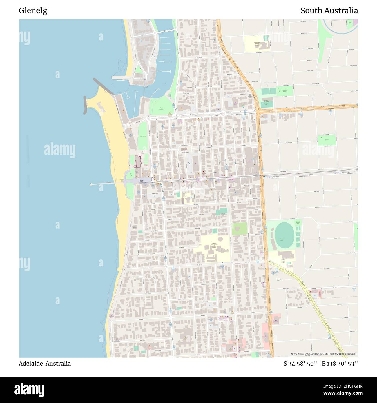 Glenelg, Adelaide, Australia, Australia del Sud, S 34 58' 50'', e 138 30' 53''', mappa, mappa senza tempo pubblicata nel 2021. Viaggiatori, esploratori e avventurieri come Florence Nightingale, David Livingstone, Ernest Shackleton, Lewis and Clark e Sherlock Holmes si sono affidati alle mappe per pianificare i viaggi verso gli angoli più remoti del mondo, Timeless Maps sta mappando la maggior parte delle località del mondo, mostrando il successo di grandi sogni Foto Stock